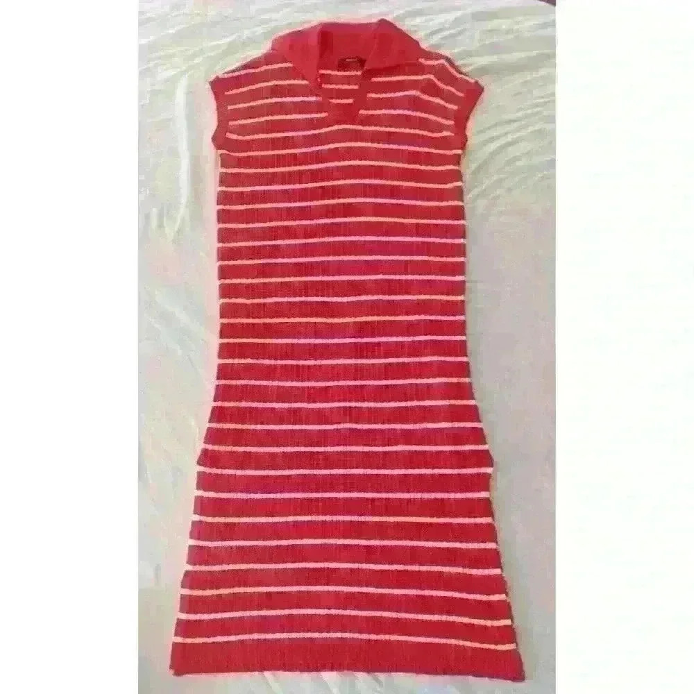ZESICA Womens LS Striped Knit Collared Side Slit Bodycon Sweater Dress - L